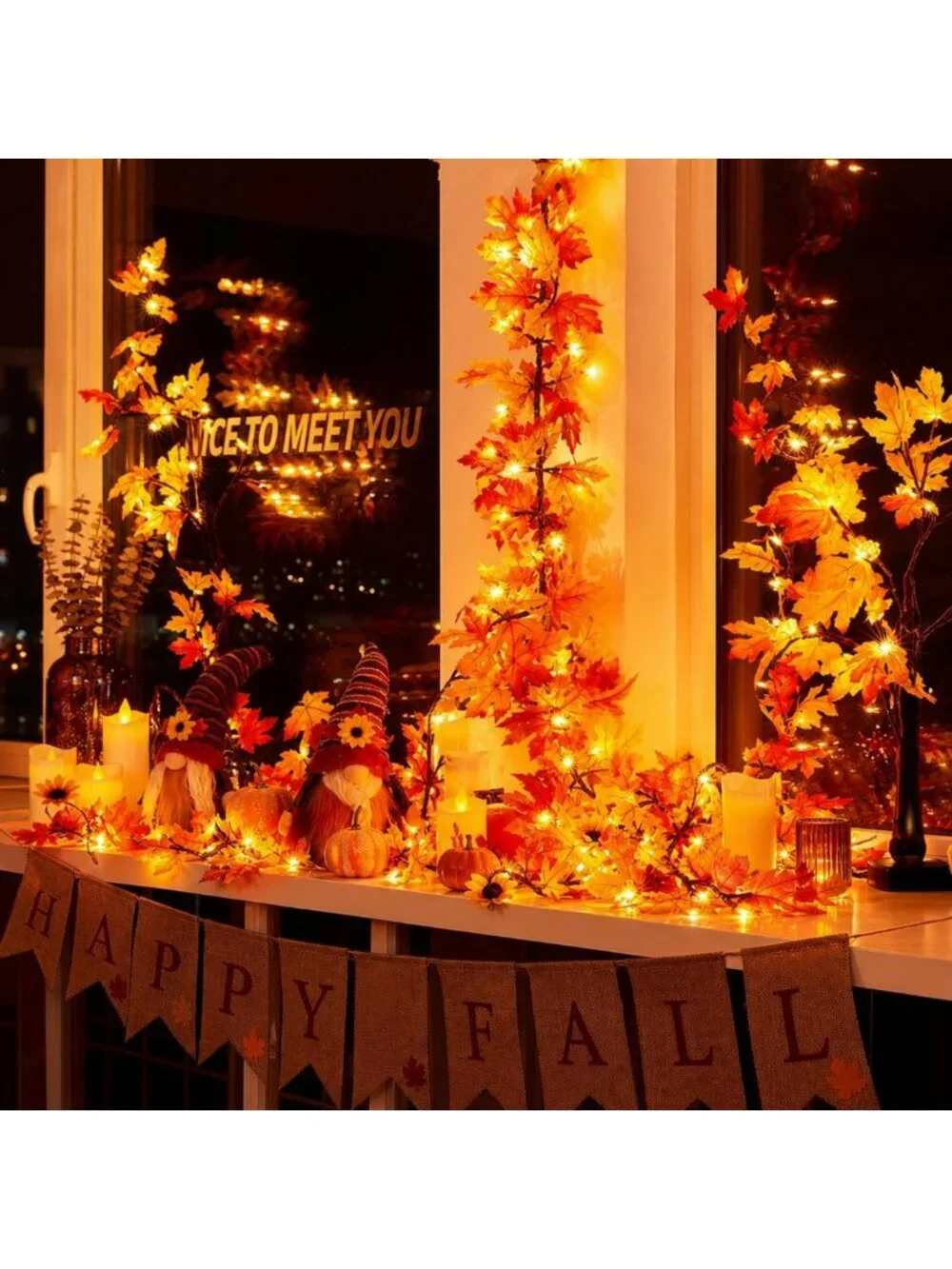 9FT Plug-In Fall Garland with 50 Orange Lights - Halloween & Thanksgiving Decor